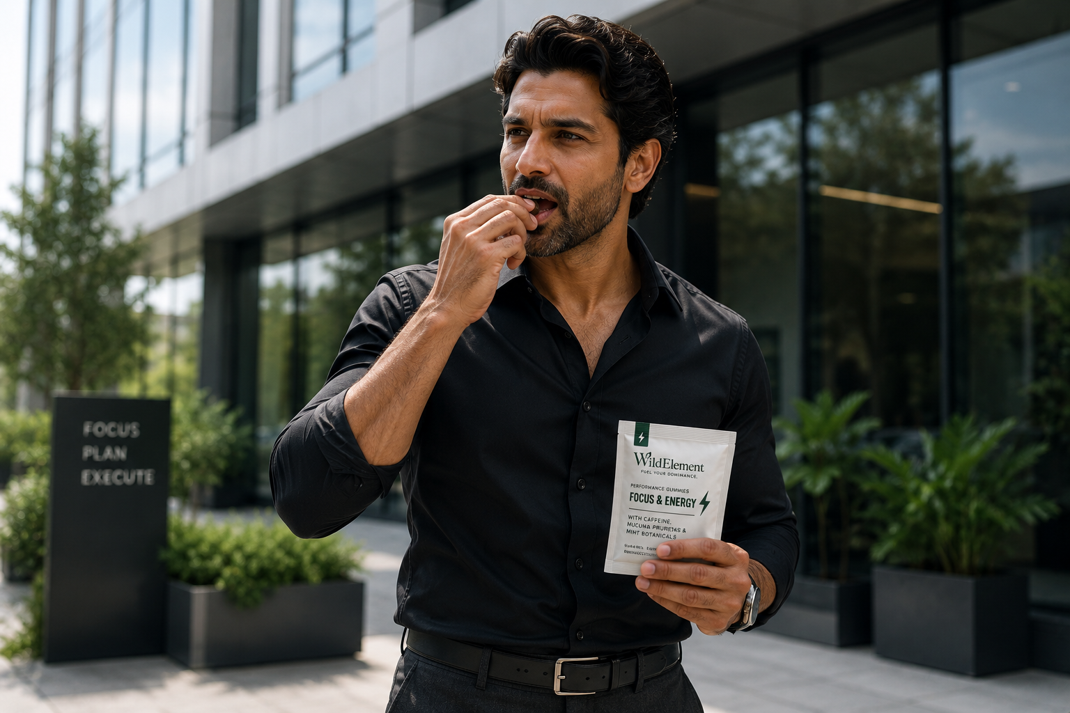 Man on a break taking a gummy from a sachet instead of a cigarette