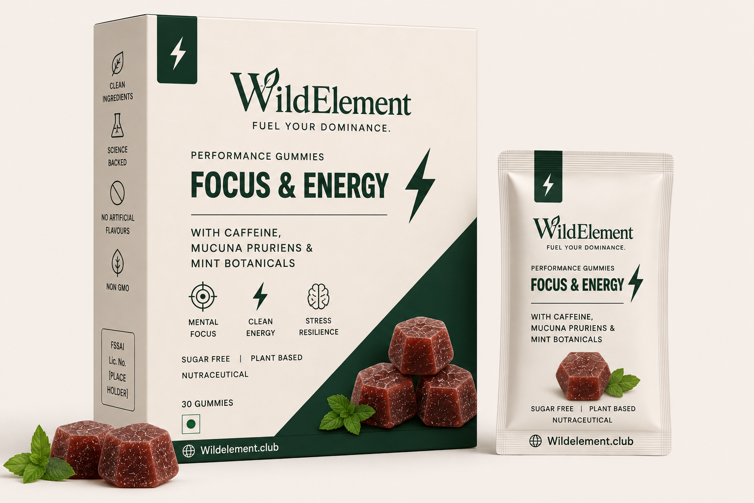 WildElement Focus & Energy gummies box and sachet