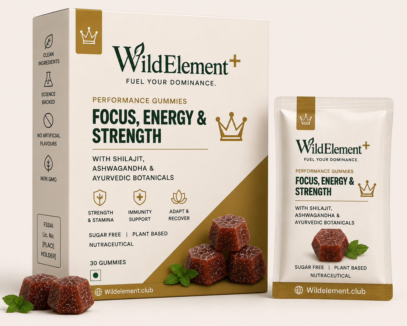 WildElement+ Focus, Energy & Strength gummies box and sachet